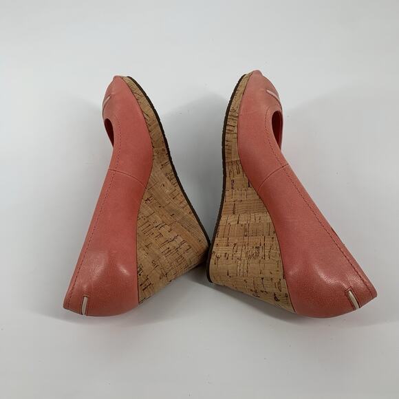 $225 Sebago Chiffon Leather Cork Wedge Peep Toe Sandals 7.5 Womens Salmon Pink - Picture 5 of 8